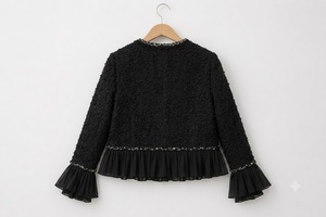 <b>Women's</b> Black Woolen Solid <b>Tweed</b> <b>Jacket</b> with Ruffles Lantern Sleeve O-Neck Short Elegant Winter Coat - Product Image 2