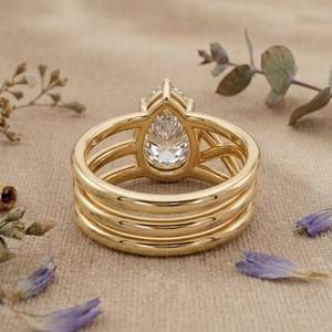 Anillo de compromiso de oro de 14 quilates con diamantes talla pera, diseño multibanda envolvente, joyería de lujo de diseñador para mujer - Product Image 5