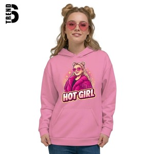 Sudadera con Capucha Rosa de Punto para Mujer con Estampado de Personaje 'Hot Girl' en la Parte Delantera, Sudadera Informal de Manga Larga de Algodón para Invierno - Product Image 1
