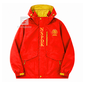 เสื้อแจ็คเก็ตกันลมกันฝนแบบมีซิป NSPDK สำหรับชมรมนักเรียนหญิง สีแดงและสีทอง ผลิตจากโพลีเอสเตอร์ แขนยาว ปักโลโก้ด้านหน้า - Product Image 1