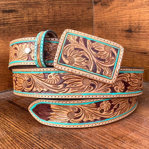 Nuevo cinturón occidental de cuero mecanizado a mano personalizado con hebilla de cuero, cinturón de cuero genuino de grano completo con ribete turquesa para mujer - Product Image 2