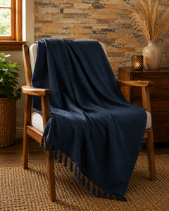 Manta Tejida Azul Marino Sólido con Borlas, Rectangular, Mezcla de Algodón y Lana, Estilo Clásico, para Uso en el Hogar en Todas las Estaciones - Product Image 1