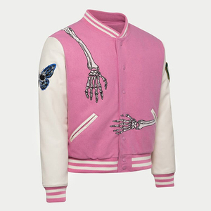 Pink Varsity <b>Jacket</b> with Skeleton Embroidery Crew Neck Collar Men's <b>Punk</b> Style Regular Fit Winter Wear - Product Image 5