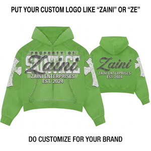 420 GSM Premium Cotton Fleece <b>Zip</b> Hoodie Green White Panel Custom Logo Chenille Embroidery Rhinestone Winter Men's Wear - Product Image 1
