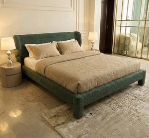 Modern Fabric Upholstered <b>Bed</b> <b>King</b> <b>Size</b> Fabric Soft <b>Bed</b> Frame Army Green Color Box Spring Design Style - Product Image 1