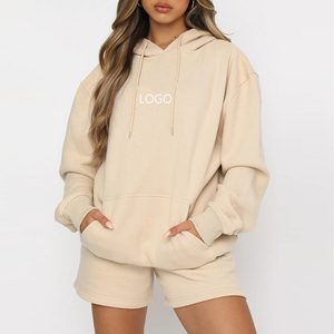 Women's Beige Hooded Sweatshirt & Shorts Set Casual Loose Fit 2-Piece Solid Color Fleece Tracksuit Spring Summer Wear Women's Se - Product Image 5