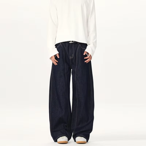 Jean en denim vintage style américain pour hommes et femmes, taille mi-haute, coupe droite ample, tricoté, délavage moyen, lavable, collection automne - Product Image 4