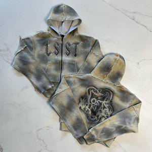 Customized Vintage Men's Full Rhinestone Distressed Printed Jogger Acid Wash Flared Sweat Suit Hoodie Breathable OEM 2026 - Product Image 1