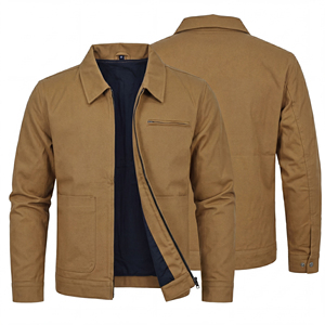 Veste de travail en toile pour homme, col rabattu, fermeture éclair, couleur unie, poches, coupe classique, automne - Product Image 3