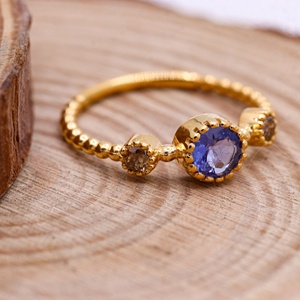 Anillo de Plata de Ley 925 al por Mayor, Chapado en Oro Amarillo, con Tres Piedras de Zafiro Azul Natural y Diamantes, Joyas Memoria - Product Image 5