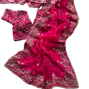 Pure Soft Fandy <b>Satin</b> Silk Saree with Amazing Embroidery and Multi Borders Stitched <b>Blouse</b> for Wedding and Party - Product Image 1