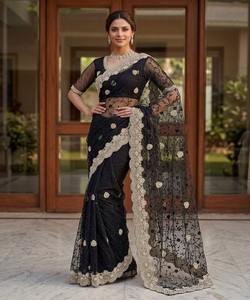Sari en tissu fantaisie brodé avec perles et diamants, avec blouse non cousue 85054 NOIR - Product Image 3