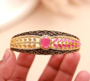 22K Gold Plated Brass Openable Sapphire <b>Bracelet</b> Brass Kada Round Stone Vintage Wedding Jewelry for Women - Product Image 1