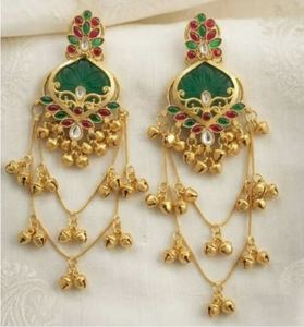 Pendientes Kashmiris de Aleación de Zinc con Baño de Oro Geométrico Pachi Kundan para Mujer, Lujosos, Tradicionales Indios, para Fiesta, con Borlas Largas y Cristales - Product Image 1