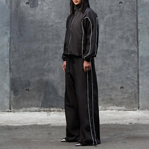 Women's Black <b>Tracksuit</b> Set Full Length Zipper Stand Collar Loose Fit Breathable Polyester Streetwear Autumn Sportswear - Product Image 5
