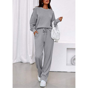 TAYUMA INDUSTRIES Grey Women's Casual Joggers Pants Set Regular Fit Drawstring Waist Full Length Solid Color Knitted Cotton - Product Image 1