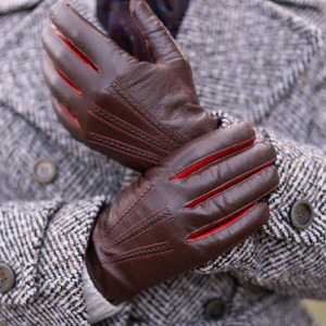 Gants en peau de mouton marron pour femme avec bordure rouge, doux, à doigts complets, doublure chaude pour l'hiver, élégants, pour la conduite, écologiques, faits à la main, avec bouton-pression - Product Image 4