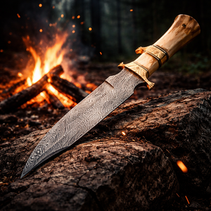 Handmade Camping Bowie <b>Knife</b> with Damascus Steel Clip Point Blade Straight Edge <b>Bone</b> <b>Handle</b> and Leather Sheath - Product Image 4