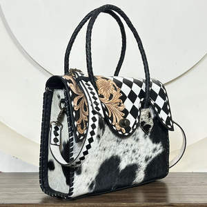 Nouveauté : Sac fourre-tout en cuir de vachette véritable à carreaux, avec décorations florales, élégant, pour femme, à porter à l'épaule ou en bandoulière, pour un usage quotidien - Product Image 4