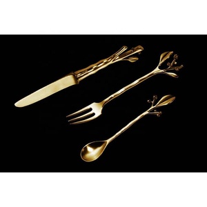 Juego de cubiertos chapados en oro con mango de hoja de árbol, juego de vajilla, cuchillo, cucharas y tenedor, hermoso - Product Image 1