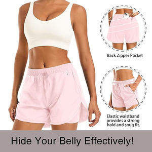 Shorts de sport rose clair pour femmes, design 2 en 1 superposé, en polyester, avec poche pour téléphone, respirants, pour l'entraînement - Product Image 5