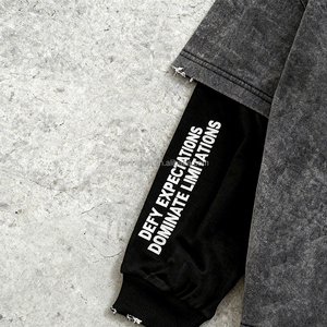 <span class=keywords><strong>T</strong></span>-shirts à manches longues déchirés avec motifs personnalisés pour hommes, style vintage délavé à l'acide, en tissu gaufré, effet vieilli, double couche - Product Image 4