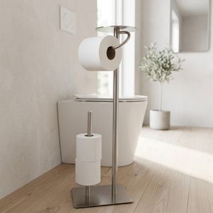 Support de papier toilette multifonctionnel moderne en acier inoxydable pour 3 rouleaux de papier essuie-tout, sur pied - Product Image 1
