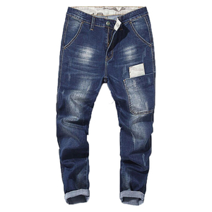 Jean en denim coupe droite pour homme, qualité luxe, en coton mi-lourd, délavé et vieilli, décontracté, coupe régulière, style automne, avec détails patchwork - Product Image 5