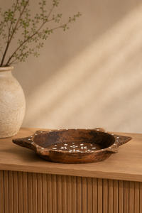 Plateau décoratif vintage indien en bois avec incrustations de os, fait main, pour bougies, serviettes de salle de bain, décoration de console ou de buffet - Product Image 3
