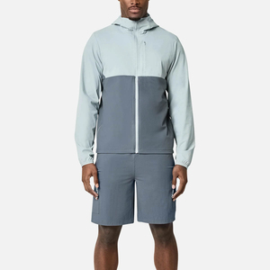 <b>Men</b> Hooded Color Blocking Track <b>Jacket</b> Set Quick Dry Knitted Sporty <b>Summer</b> Wear Gray and Light Blue - Product Image 1