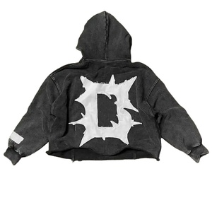 Haute qualité nouvelle mode Vintage haut court en détresse Patch personnalisé broderie lavé à l'acide français éponge sweats à capuche - Product Image 2