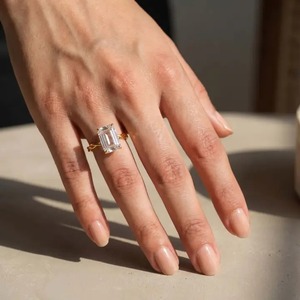 Luxury Design 5.0Ct <b>Emerald</b> Cut Moissanite Hidden Halo Engagement Wedding <b>Ring</b> 925 Sterling <b>Silver</b> Gold Plated Sale Export - Product Image 3