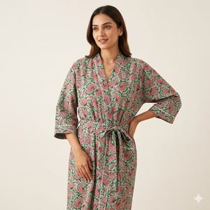 Bata Kimono de Algodón Verde Menta con Estampado Floral, Manga Larga, Ligera, Estilo Spa y Resort - Product Image 2