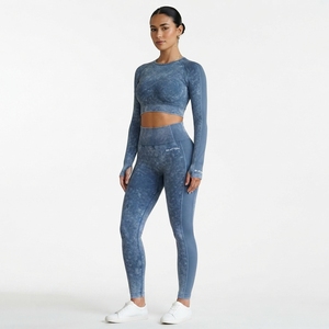<b>Women</b> Blue Acid Wash Yoga Set Long Sleeve <b>Crop</b> Top High Waist Full Length <b>Leggings</b> Gym Fitness Workout Activewear - Product Image 4