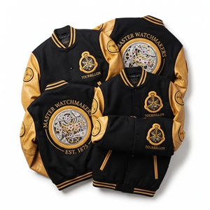 Chaqueta Varsity Personalizada OEM con Mangas de Cuero y Lana, Bordado de Reloj Regulator Makers, Parche de Paleta Adornado con Joyas, Abrigo Plum - Product Image 3