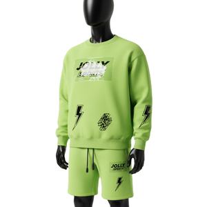 Conjunto de Sudadera y Pantalones Cortos de Felpa de Algodón y Poliéster para Hombre, Color Verde Lima, con Estampado Personalizado y Logotipo, Ropa Deportiva - Product Image 4