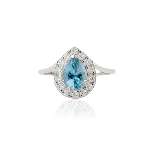 Fabricante de Diseños Personalizados de la Mejor Calidad 1ct. Anillo Halo con Forma de Pera de Aguamarina y Diamantes, Última Moda en Joyería Fina de Oro Blanco de 14K - Product Image 1