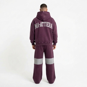 Men Burgundy Gray <b>Zip</b> Up <b>Hoodie</b> Wide Leg Pants Set Contrast <b>Pocket</b> Panel Rhinestone Detail Streetwear Tracksuit Custom OEM ODM - Product Image 2