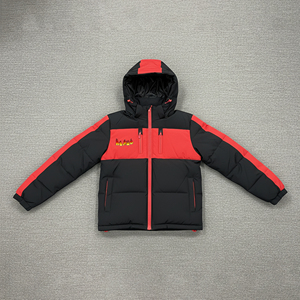 <b>Men's</b> Hooded Puffer <b>Jacket</b> Red Black Color Blocking Winter Casual Windproof Thick Polyester Wadding Zipper Closure Regular Fit - Product Image 1