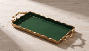 Plateau en aluminium émaillé vert moderne avec bord ondulé festonné et poignées en forme de branche dorée, plateau de service décoratif pour table basse - Product Image 5