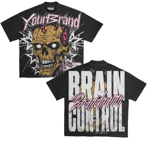 Custom Your Brand Logo <b>Men's</b> Black Punk <b>Skull</b> Print T-<b>Shirt</b> Short Sleeve Regular Fit 100% Cotton Jersey Brain Control Print - Product Image 1