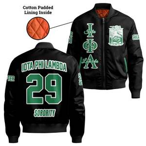 Chaqueta Universitaria Personalizada Iota Phi Lambda para Mujer, Negra, con Escudo Griego en la Parte Delantera y Trasera, Número del Año, Cierre de Cremallera, Estilo Bomber - Product Image 4