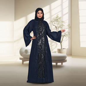 Abaya en lin avec panneau central brodé, coupe ample, manches longues, robe islamique contemporaine, tenue pour femmes du Moyen-Orient - Product Image 3