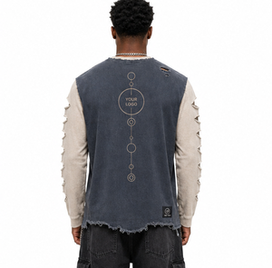 T-shirt à manches longues déchiré personnalisé, surdimensionné, effet usé, bicolore, streetwear, pour homme - Product Image 3