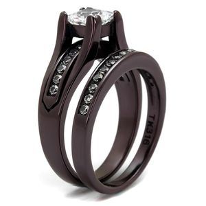 TK0W383DC-IP Dark Brown Stainless Steel <b>Ring</b> with AAA Grade CZ Clear IP Coffee Dish & <b>Plate</b> - Product Image 4