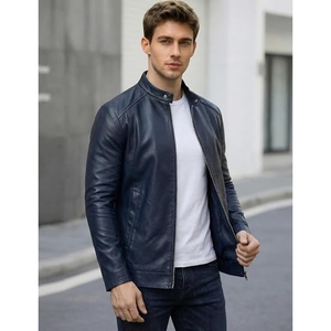 Veste en cuir de vache véritable pour homme, col montant, veste en cuir bleu marine personnalisée, veste en cuir décontractée à fermeture éclair, veste de moto en cuir - Product Image 5