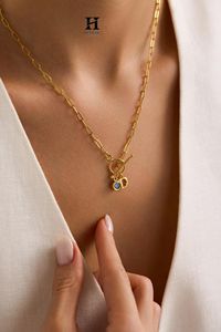 Custom Initial Letter <b>D</b> Paperclip Chain <b>Necklace</b> Gold Plated Toggle Clasp Blue Gemstone Charm Pendant - Product Image 6