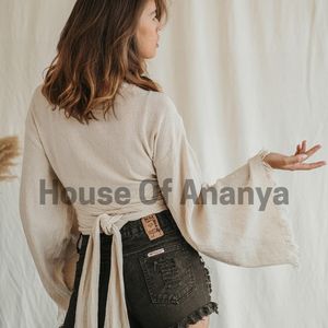 Top Boho para Mujer, Blusa Kimono Bohemia, Top Corto Orgánico de Manga Ancha, Camisa Hippie Gitana Boho, Top Blanco Hueso para Verano - Product Image 2