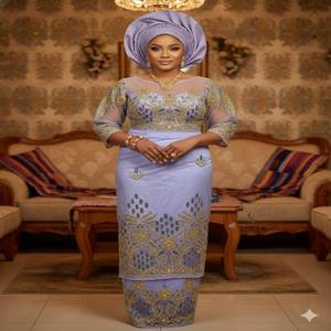 Tissu George nigérian rouge avec élégante frange à glands, broderie de paillettes dorées, 100% polyester, robe de mariée traditionnelle pour filles - Product Image 2