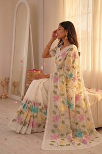 Sari en coton blanc brodé de fleurs avec bordure en dentelle, tenue traditionnelle indienne pour femmes, style décontracté, toutes saisons - Product Image 4